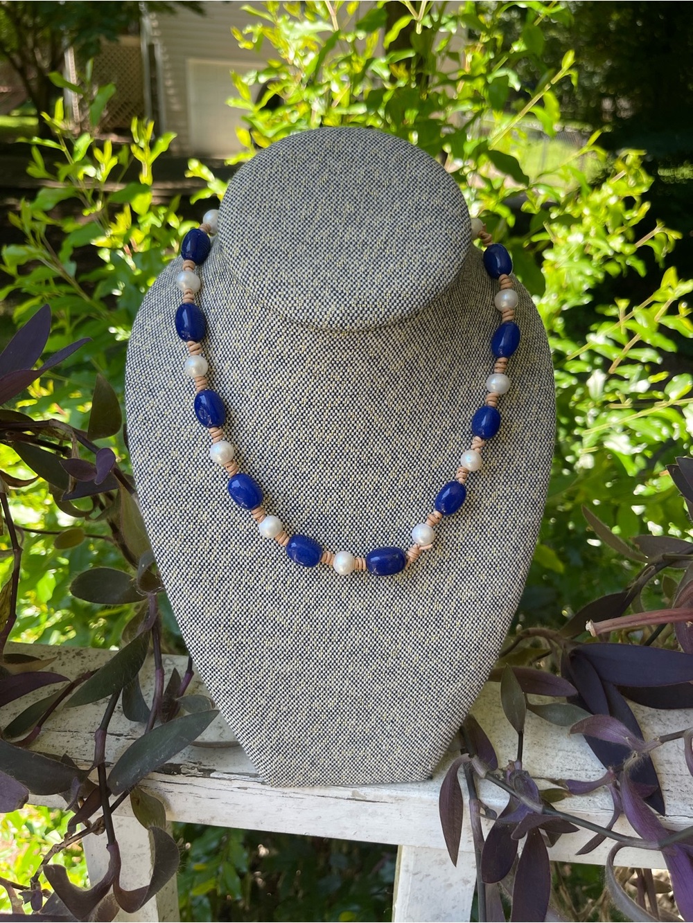 Hand Crafted Blue Jade and Freshwater Pearl Necklace - Women's Jewelry